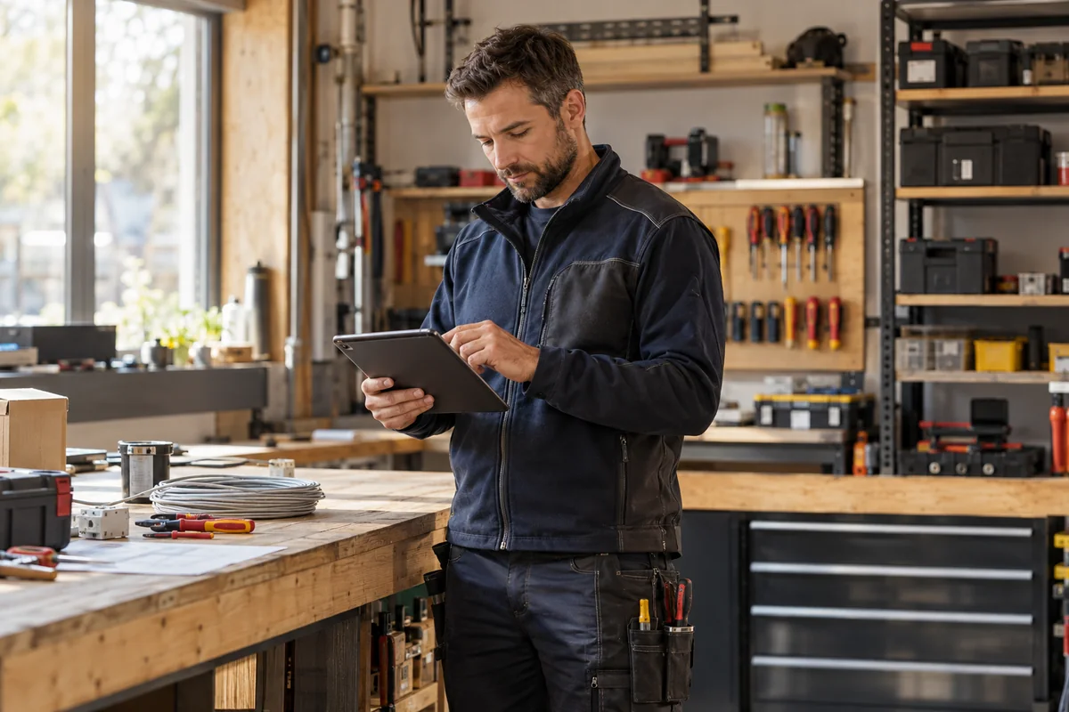Fotorealistische KI-Szene: Elektriker dokumentiert einen Arbeitsauftrag am Tablet