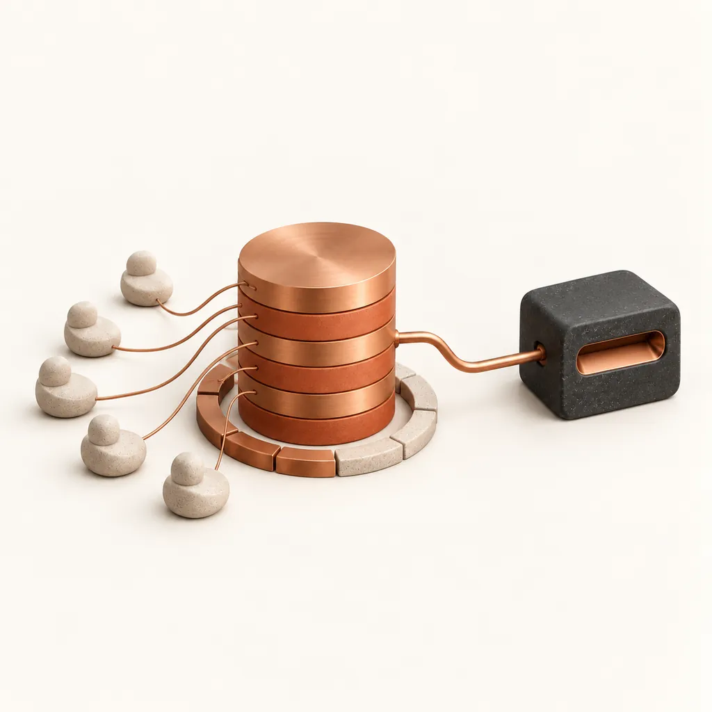 Illustration: Team-Figuren speisen einen Kupfer-Münzstapel mit Monatsring, der über eine Leitung in einen dunklen Console-Block fließt